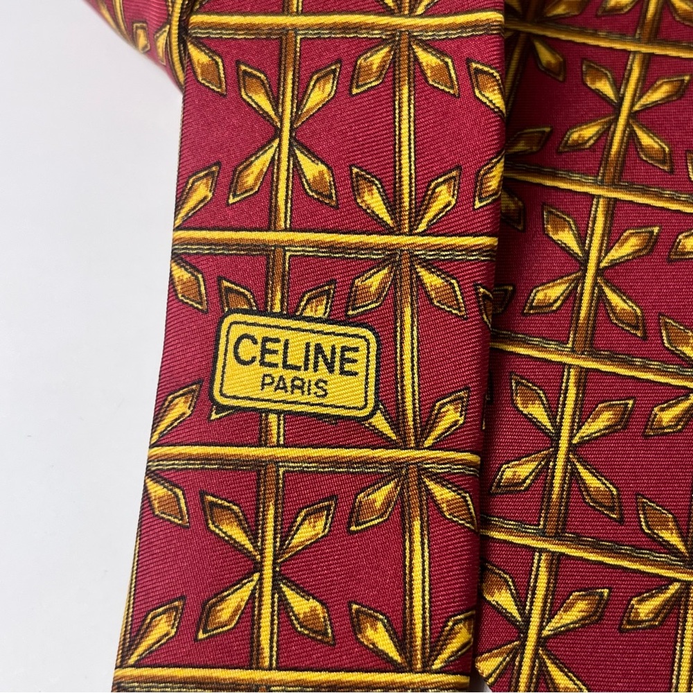 Celine Paris Men’s Silk Neck Tie Burgundy Red/Gold Geometric Designs Luxury - Picture 6 of 6